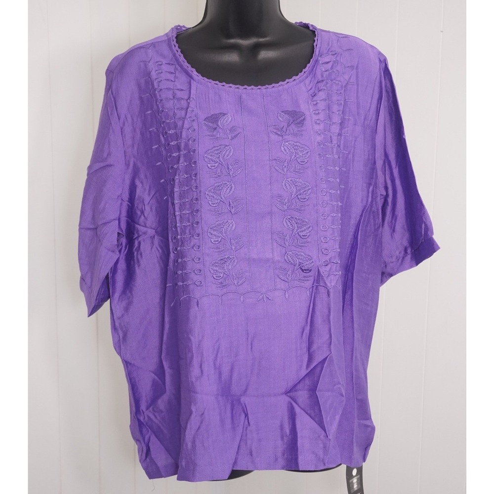 Kistore Large Purple Rayon Blend Embroidered Short Sleeve Blouse